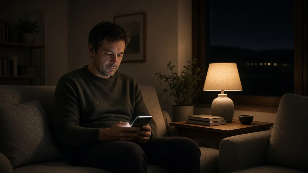 Hesteejer tjekker roligt sin telefon derhjemme om aftenen
