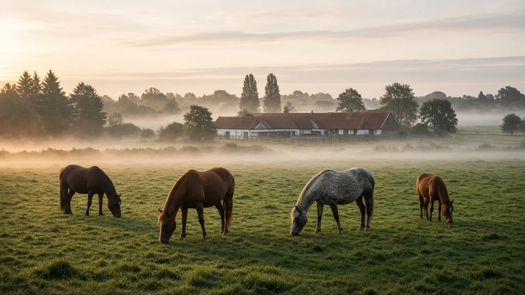Heste på græs i morgendis foran en dansk gård